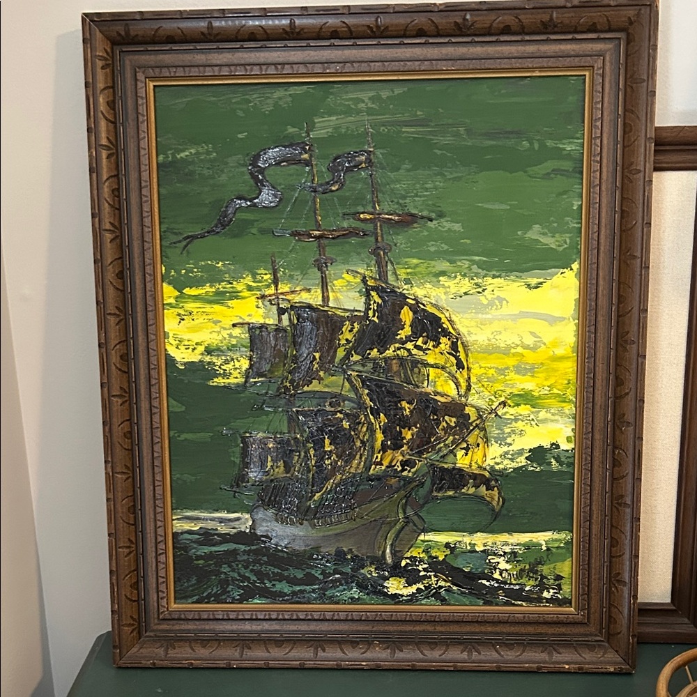 Ship painting on board green theme 
20x24 inch wood frame 
Excellent condition